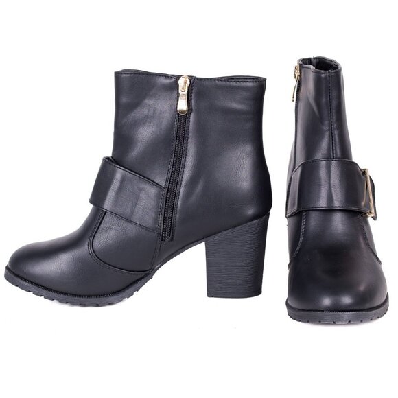 Women's Ankle Booties, Short Faux Leather Zipper Buckle Boots, SB-2005 - Picture 2 of 5